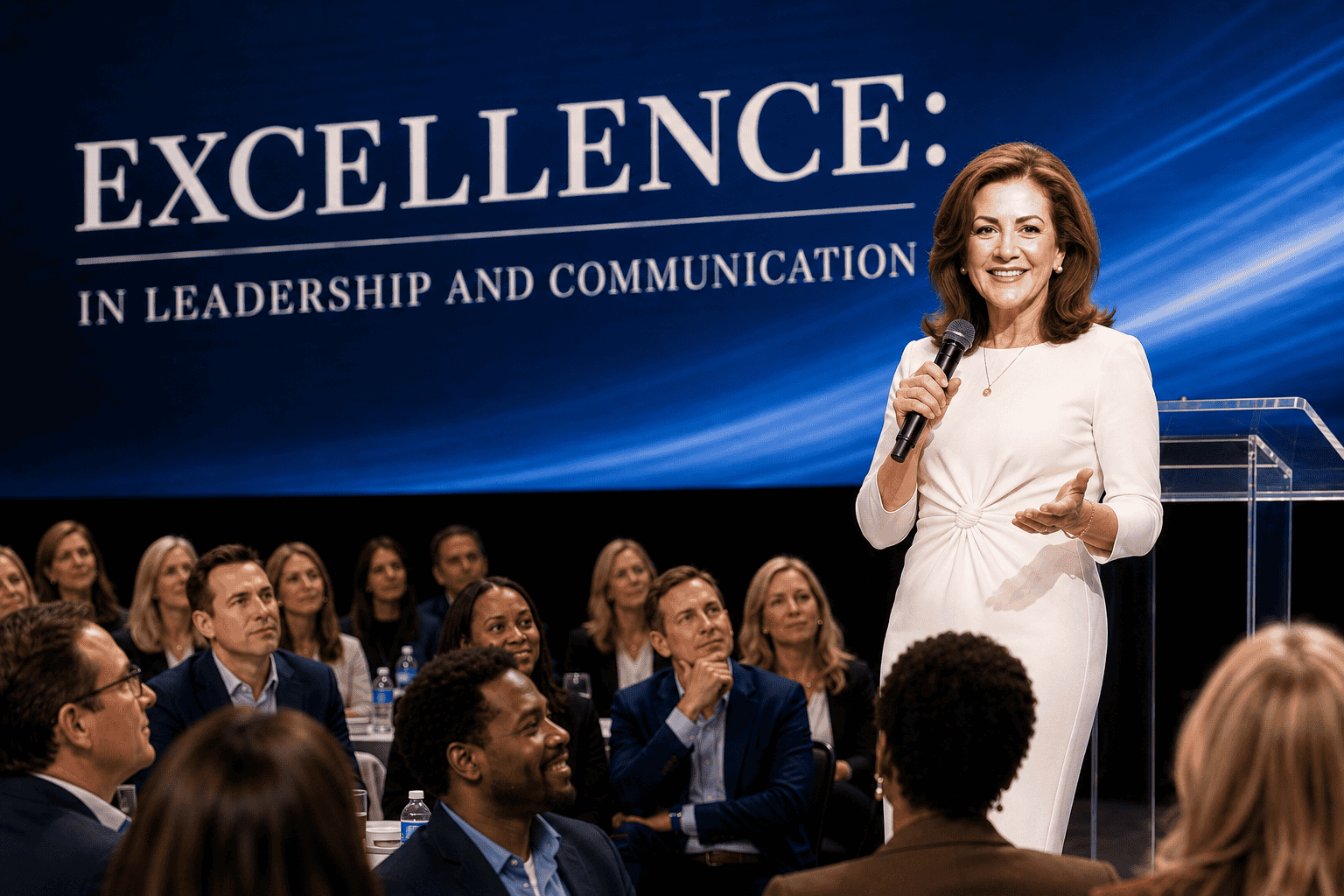 Carol Kaplan speaking on stage to a large conference audience